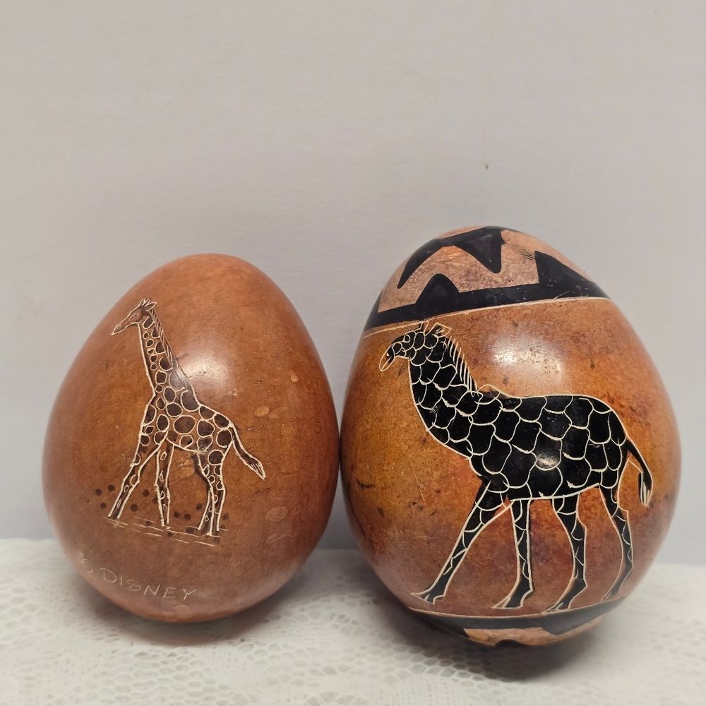 African Hand Carved Giraffe Etched Stone Eggs Kenya Set Of 2 Rustic Folk Art